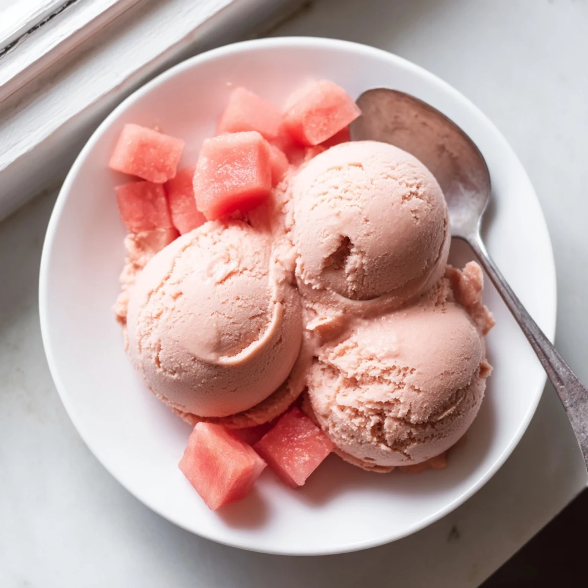 Creamy watermelon ice cream scooped into bowls topped with fresh mint sprigs