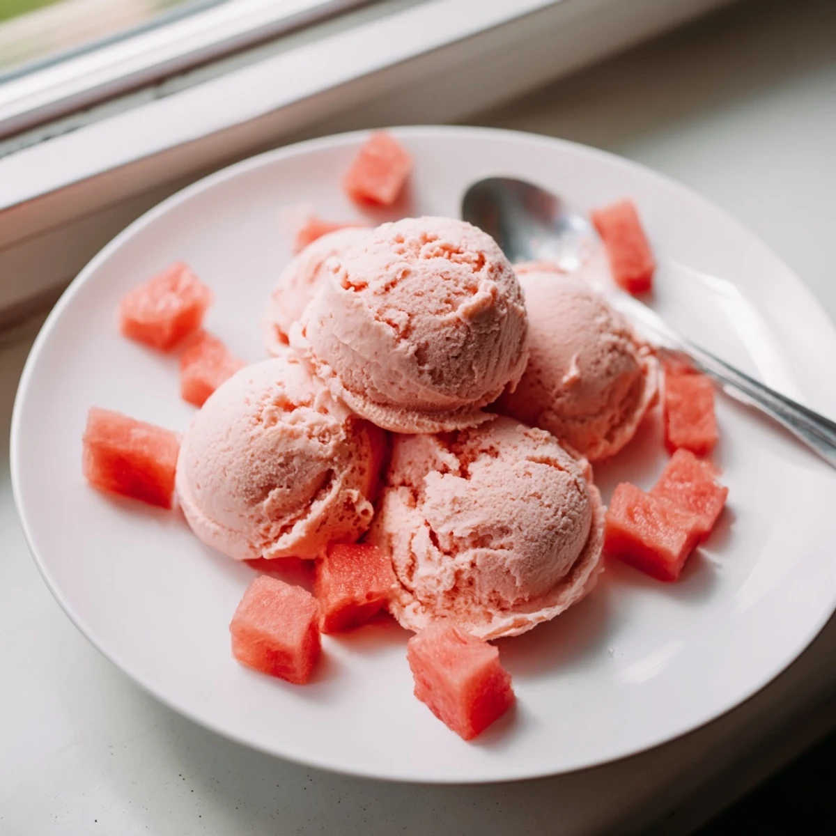 Vibrant watermelon ice cream sitting in a chilled metal scoop ready for summer dessert