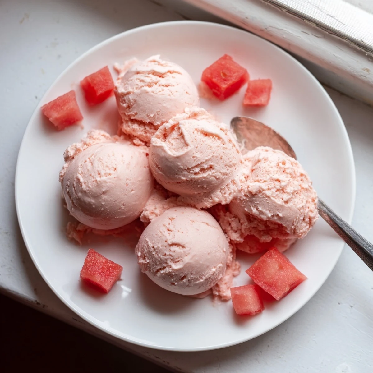 Pink homemade watermelon ice cream swirling in a glass serving dish with lime wedges