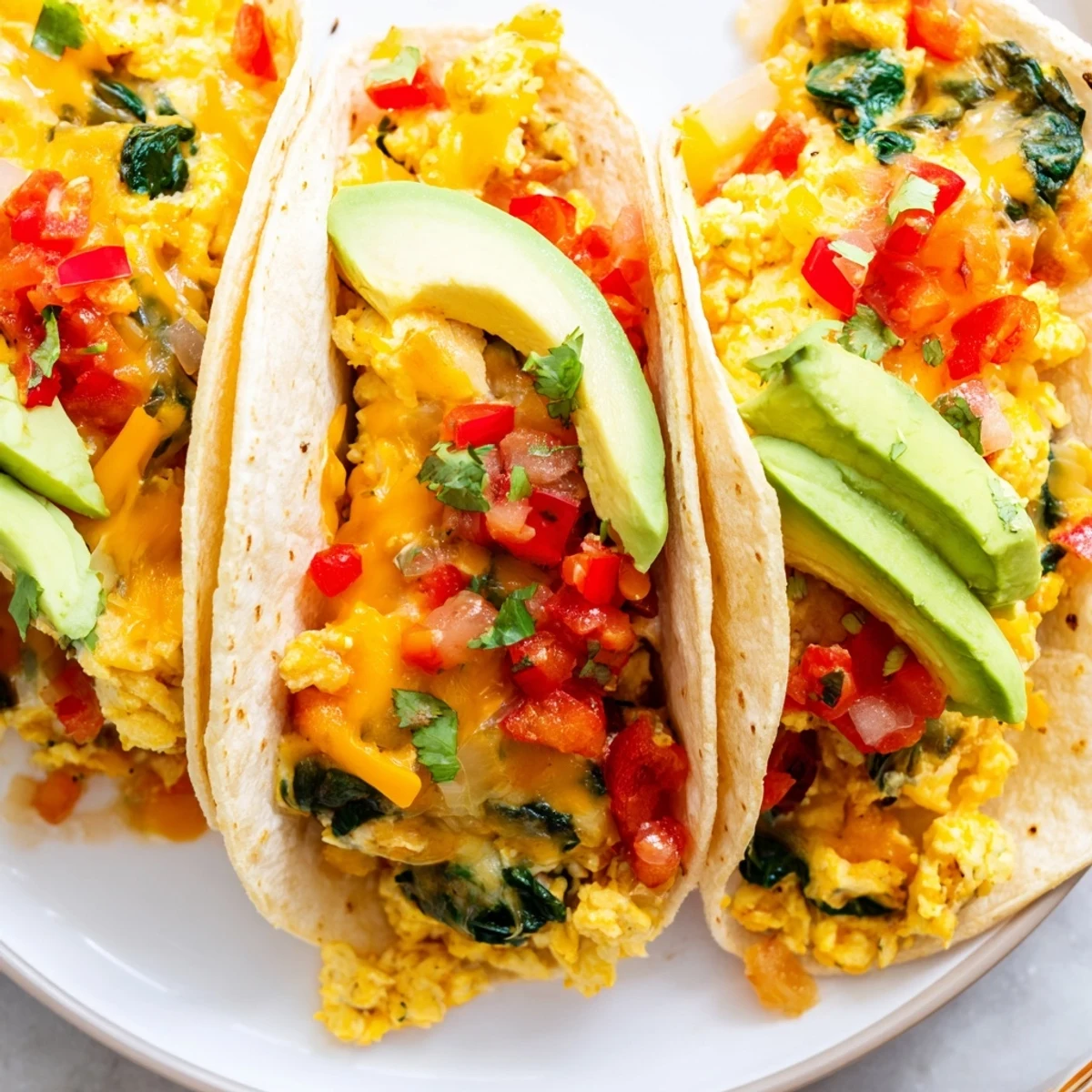 Crispy oven-baked breakfast tacos topped with fresh avocado, cilantro, and warm salsa garnish.