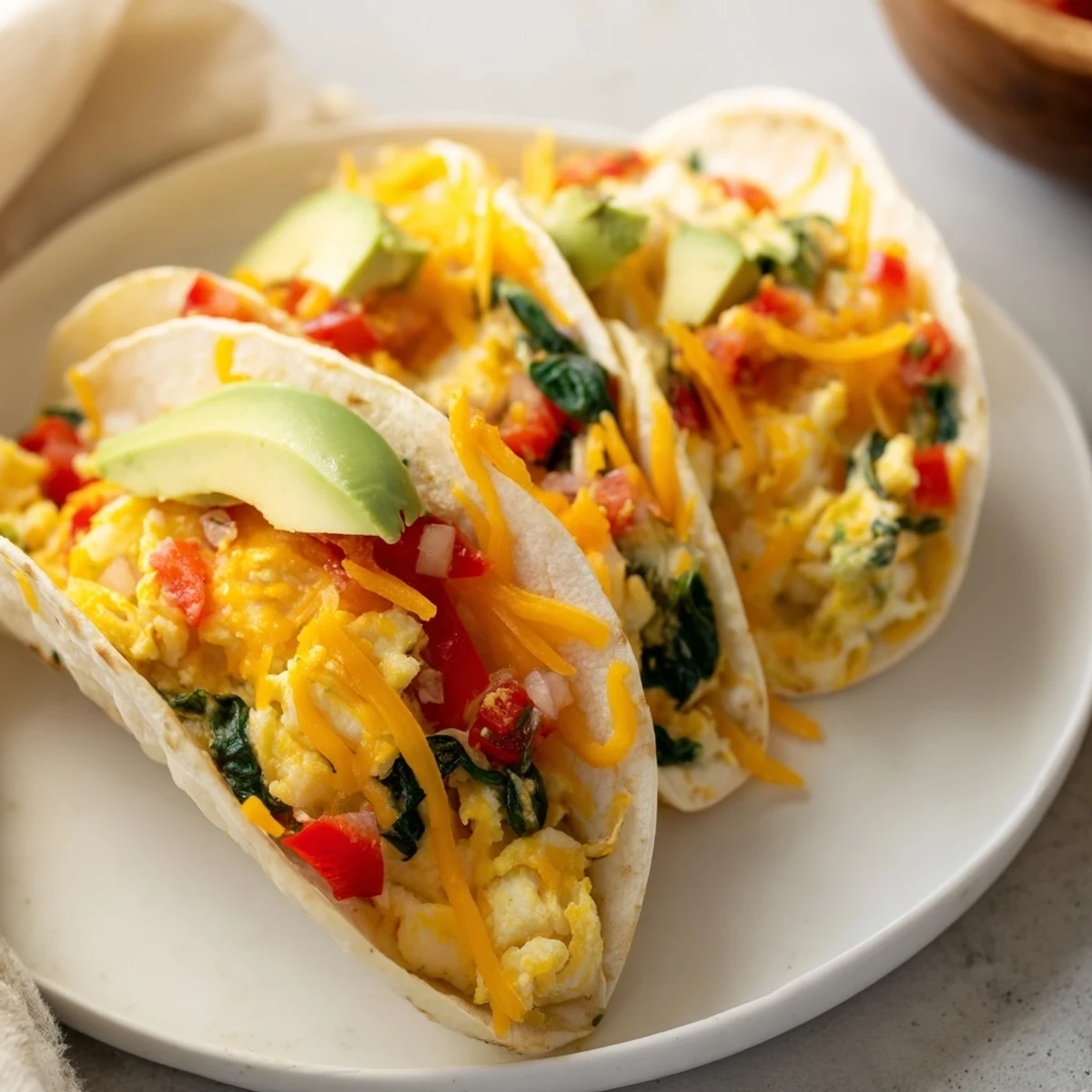 Delicious breakfast tacos arranged on a baking sheet with bubbly cheese and fluffy scrambled eggs.