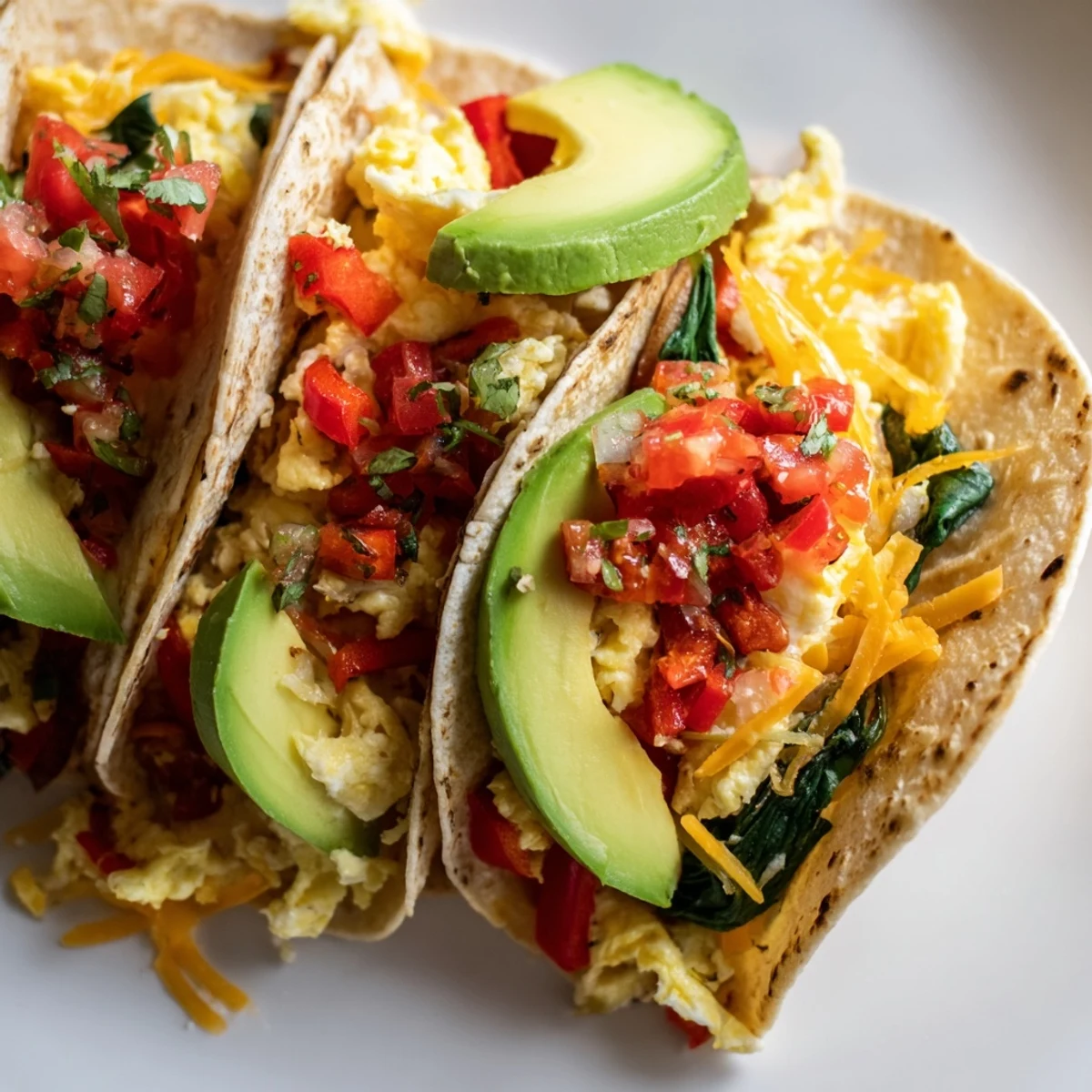 Golden baked breakfast tacos filled with fluffy eggs, melted cheddar cheese, and colorful vegetables.