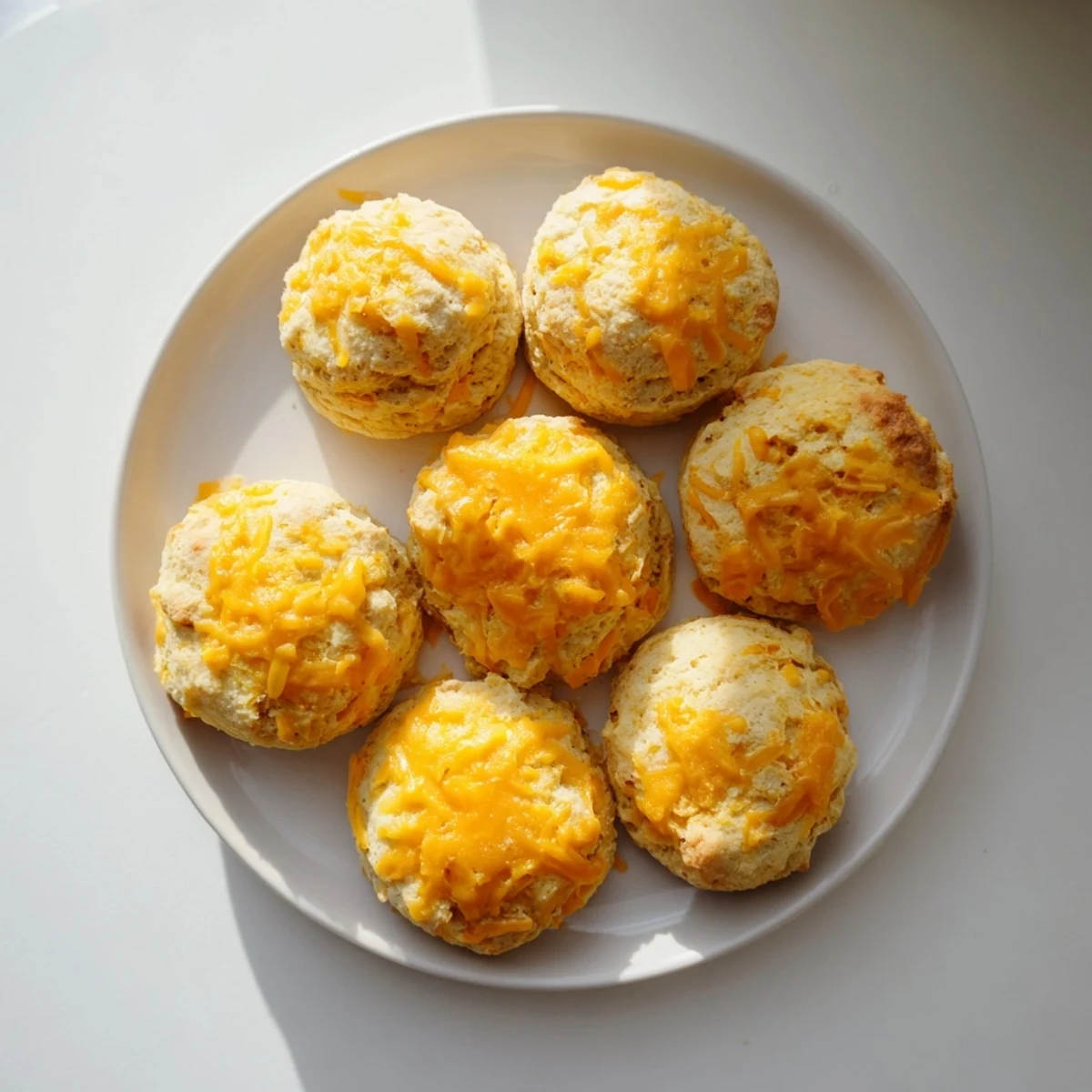 Golden brown high protein breakfast biscuits fresh from the oven with melted cheddar cheese