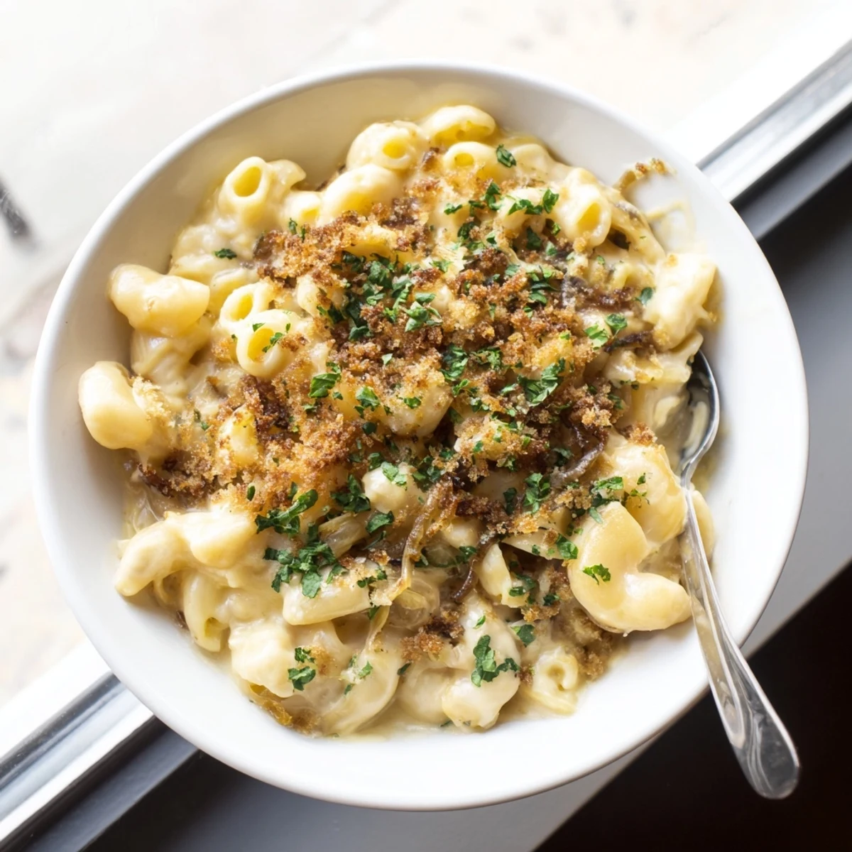 Golden and bubbly French onion mac and cheese with crispy panko breadcrumb topping