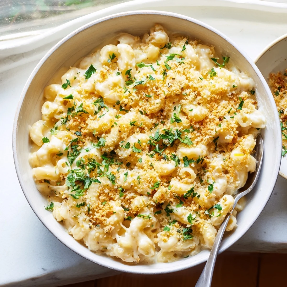 Baked French onion mac and cheese casserole with golden cheese crust and fresh parsley