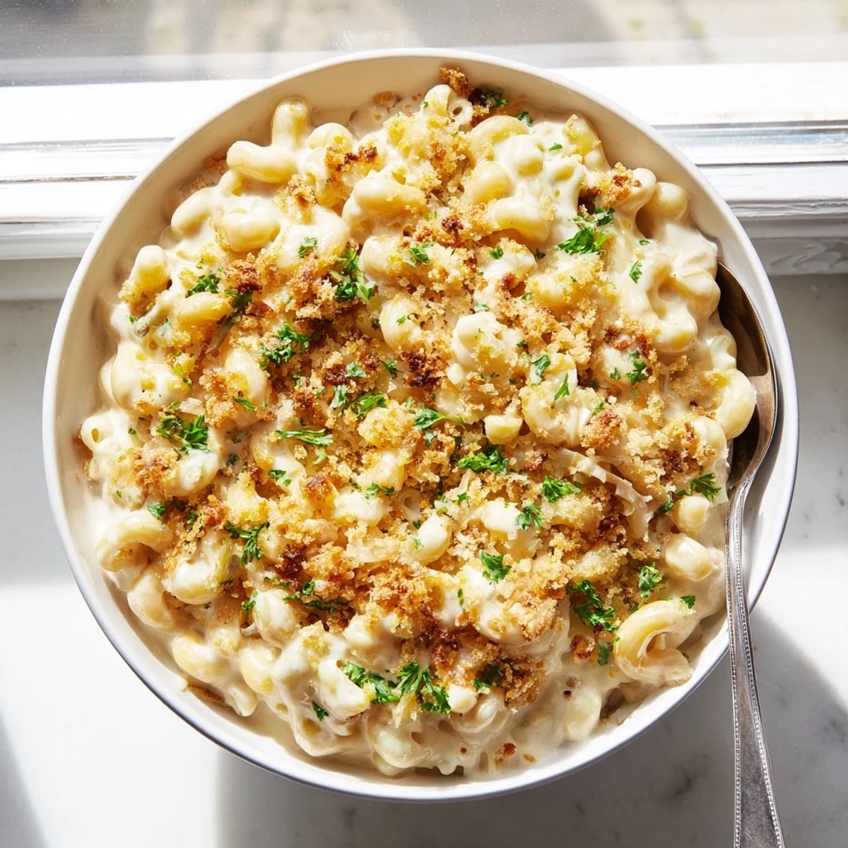 Creamy French onion mac and cheese loaded with caramelized onions and melted Gruyère