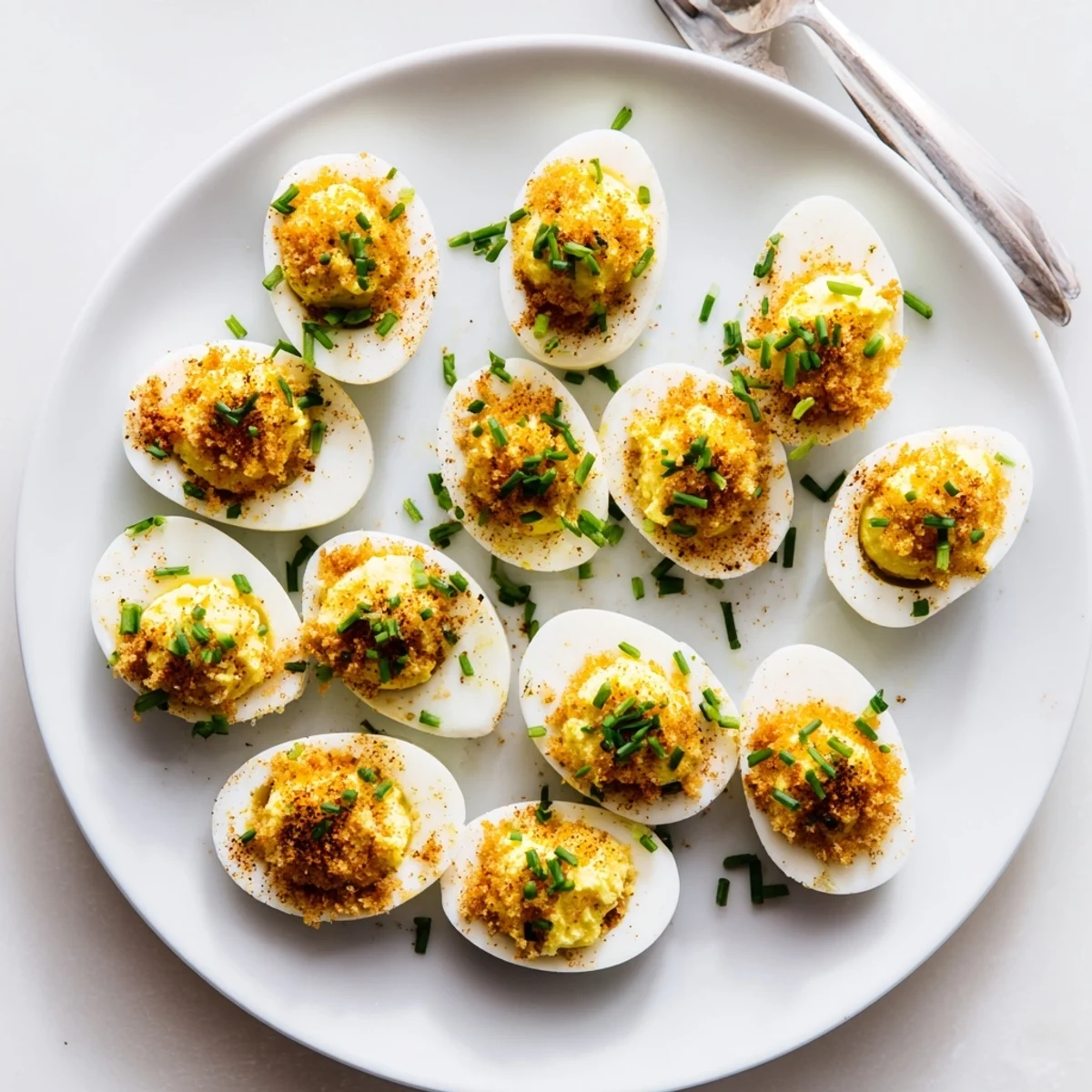 Golden fried deviled eggs with crispy panko coating and creamy chive filling