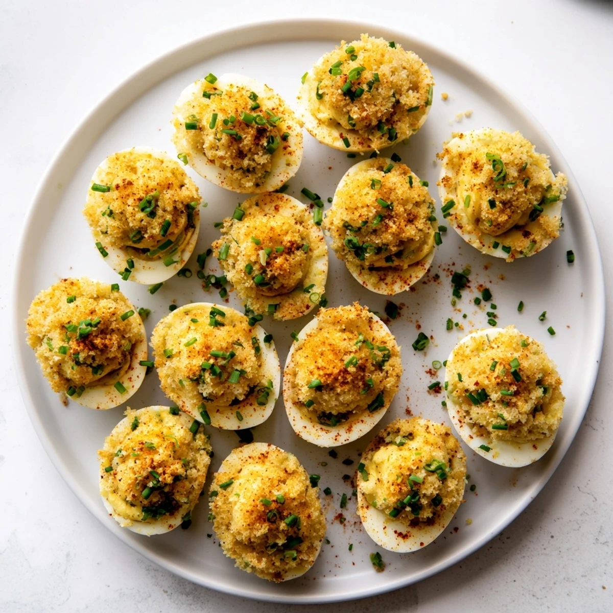 Crispy pan-fried deviled eggs served on white plate with fresh chive garnish