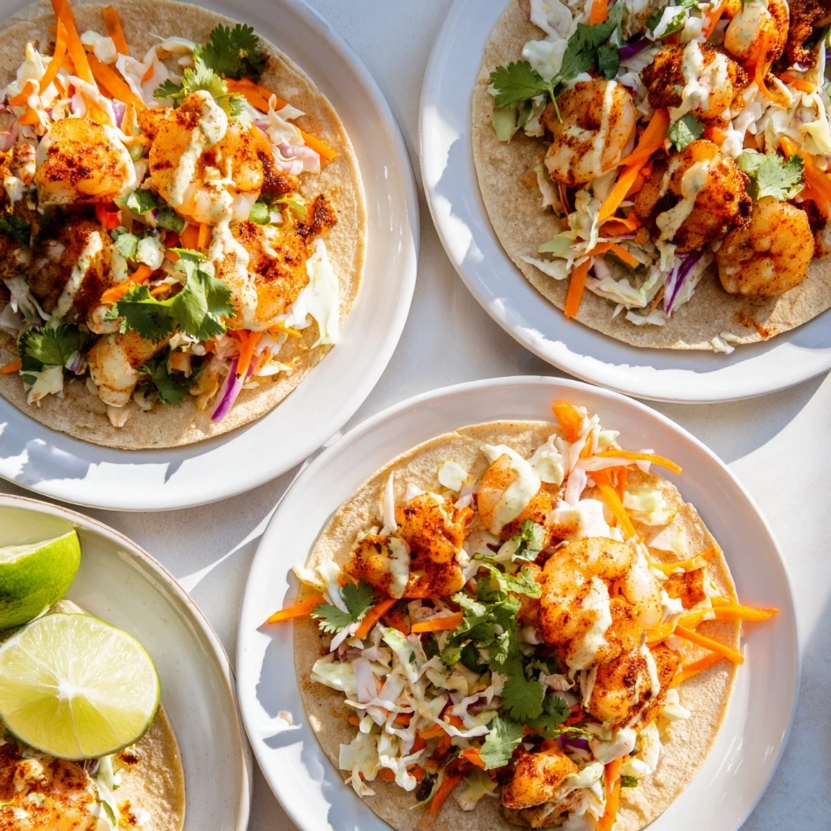 Golden spice-rubbed shrimp tacos piled high with colorful cabbage slaw and fresh cilantro on warm tortillas