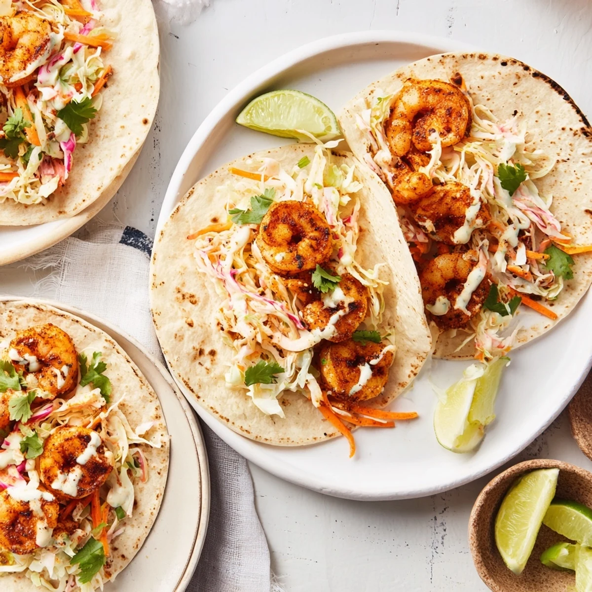 Juicy seasoned shrimp nestled in corn tortillas topped with tangy red and green cabbage slaw
