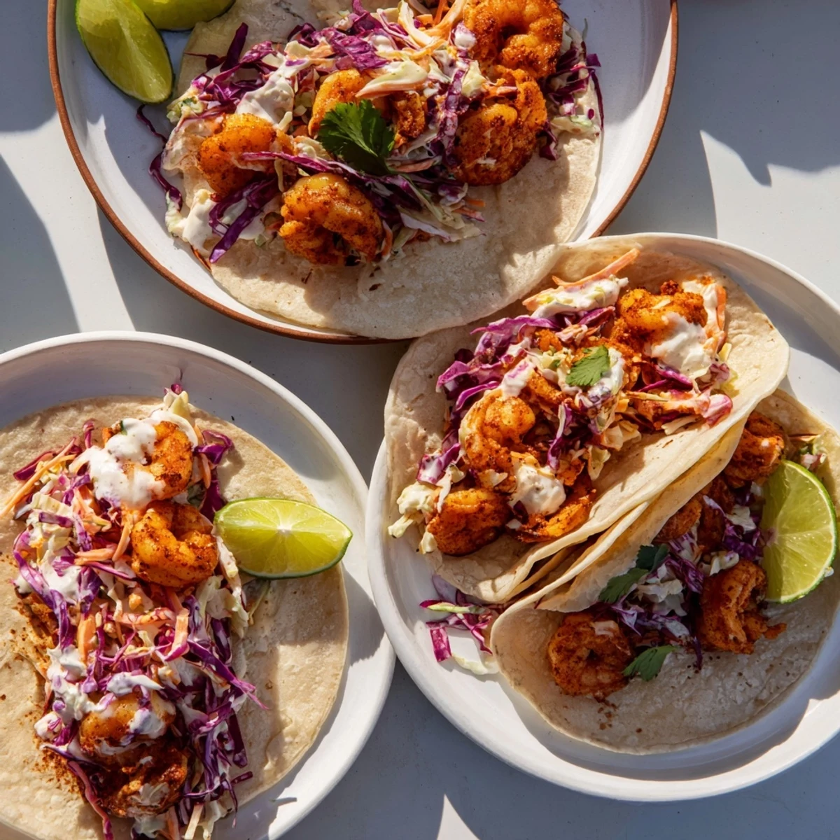 Spicy shrimp tacos featuring crisp coleslaw topping and vibrant garnishes on soft warmed tortillas
