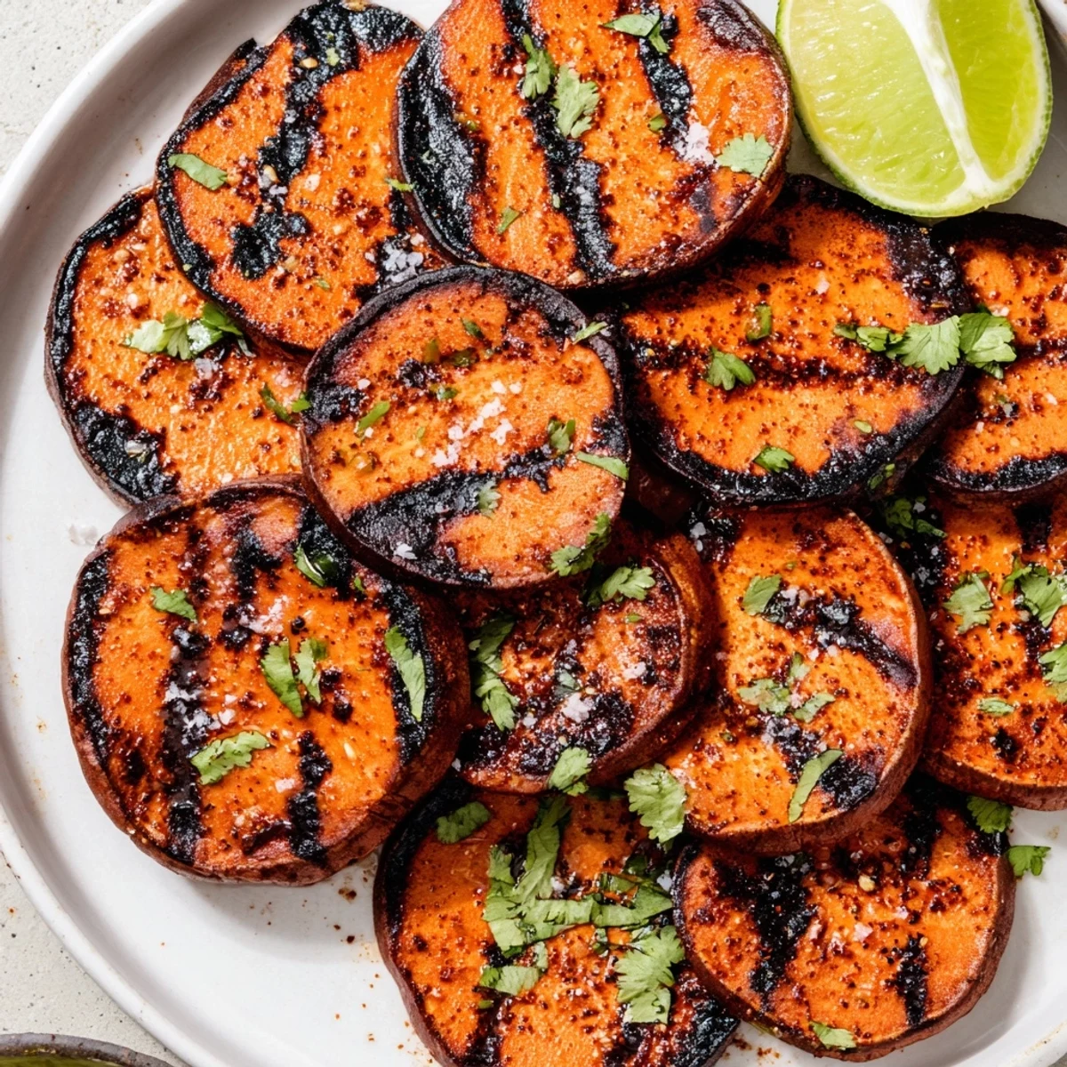 Grilled Sweet Potatoes with smoky paprika, charred edges, served hot with lime