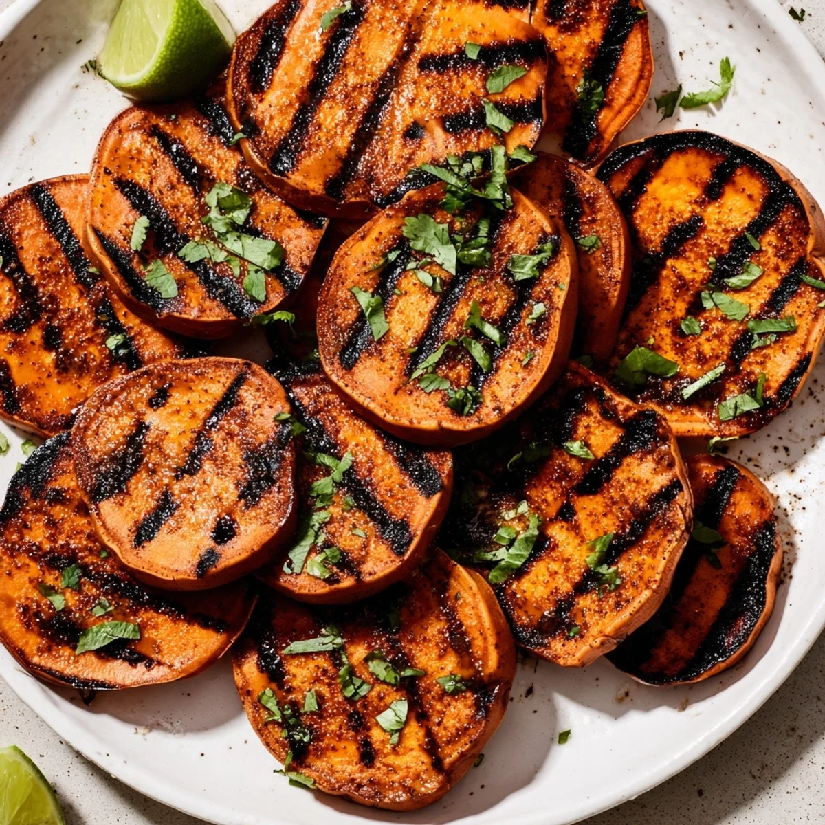 Sliced Grilled Sweet Potatoes on a platter, cilantro garnish and flaky sea salt