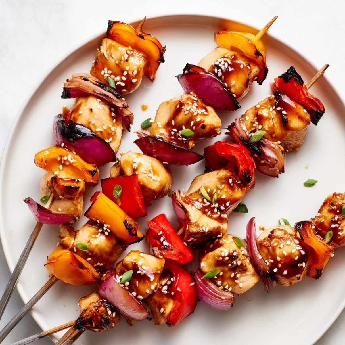 Grilled Chicken Skewers With Korean BBQ Sauce glistening, sesame-speckled, served over rice.