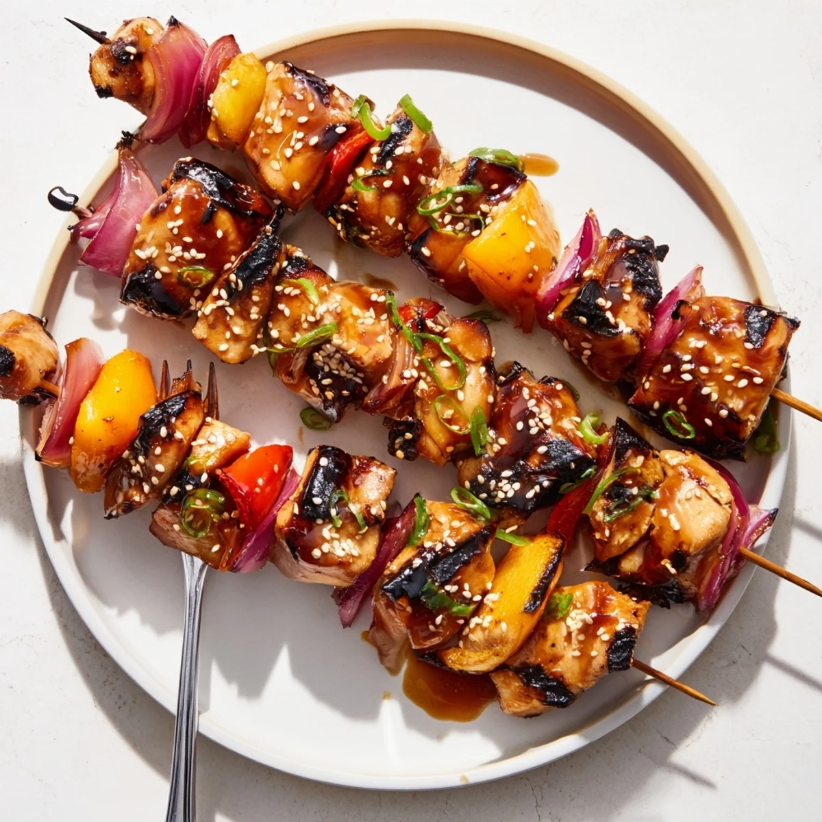 Charred Chicken Skewers With Korean BBQ Sauce, threaded with bell peppers and onions.