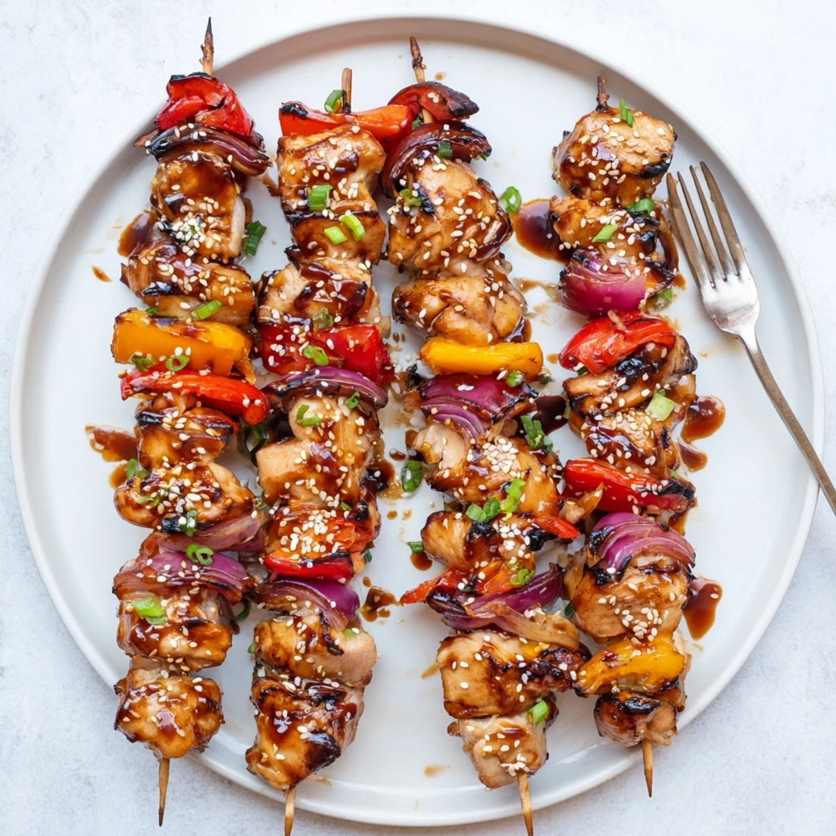 Bright, sticky Chicken Skewers With Korean BBQ Sauce, sesame-sprinkled and steaming.