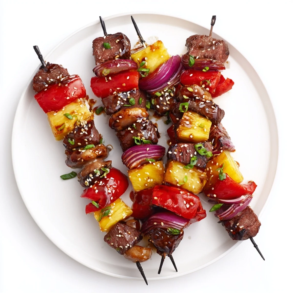 Juicy Grilled Teriyaki Steak Kabobs glistening with sauce, charred bell peppers