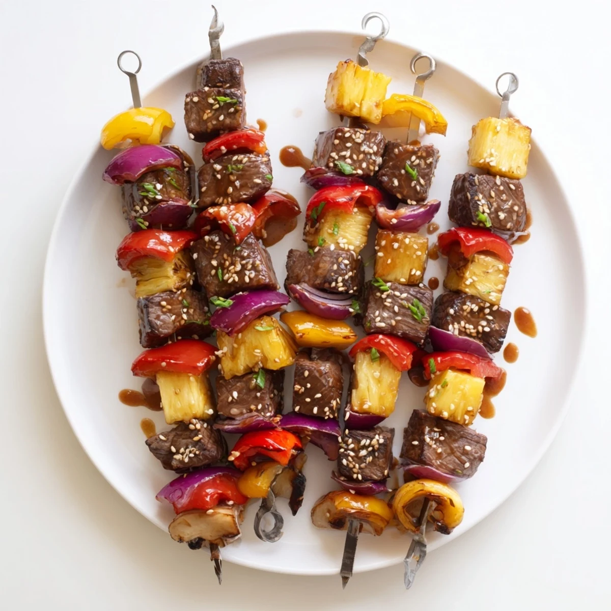 Skewers of Grilled Teriyaki Steak Kabobs served steaming over jasmine rice
