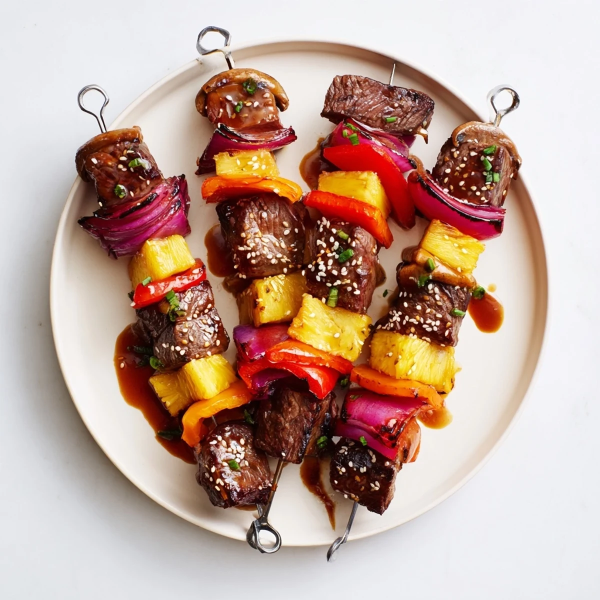 Smoky sweet pineapple and peppers threaded alongside steak on Grilled Teriyaki Steak Kabobs