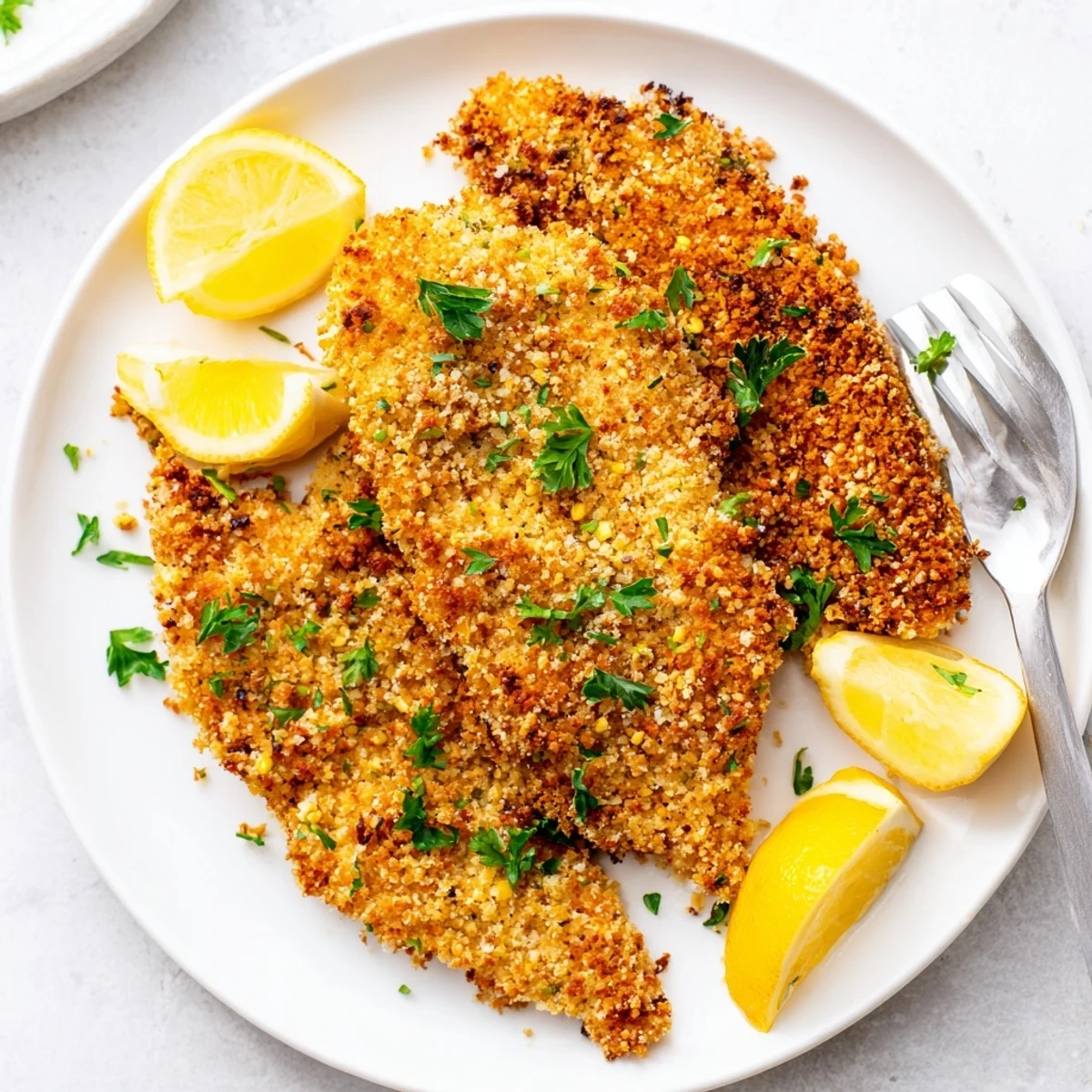 Golden crispy lemon chicken breast with panko crust garnished with fresh parsley and lemon wedges