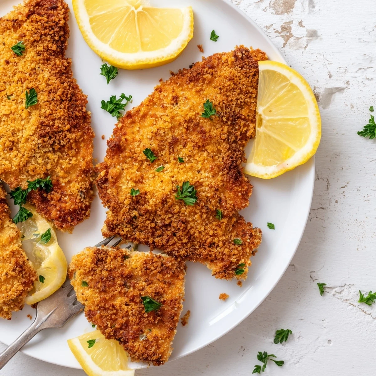Baked lemon chicken pieces featuring crunchy golden coating and zesty marinade on a white serving platter