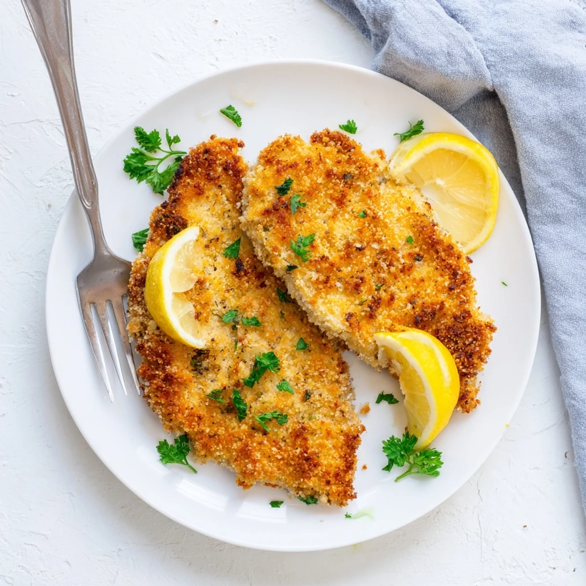Fried lemon chicken with buttery panko breadcrumbs and paprika dusting served alongside bright citrus garnish