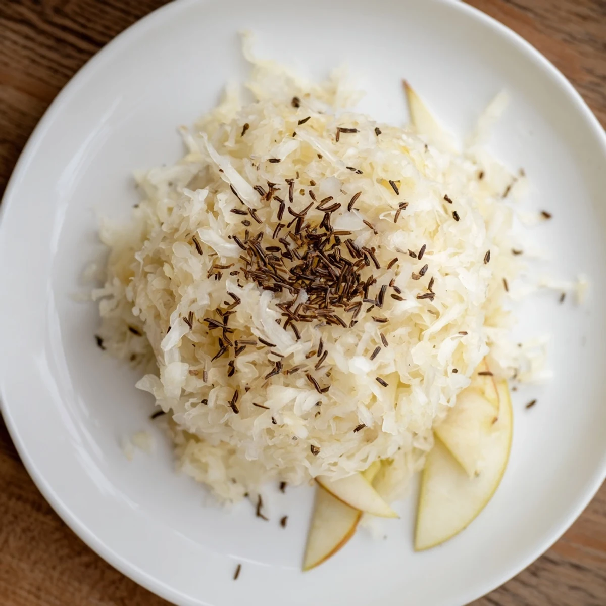Traditional German sauerkraut served alongside bratwurst and roasted potatoes on wooden platter