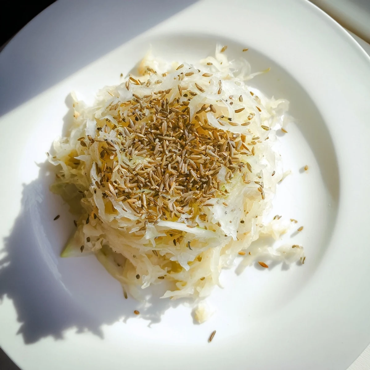 Homemade sauerkraut with caraway seeds packed tightly into fermentation crock with weight