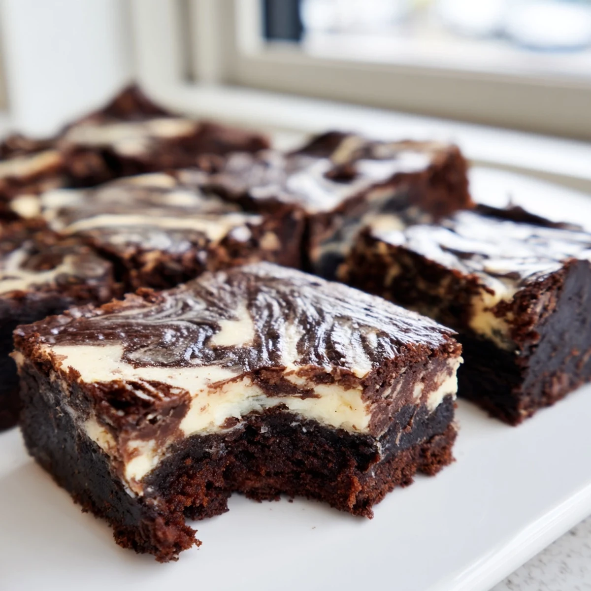 Fudgy sourdough cheesecake brownie bars swirled with creamy cheesecake layer on white plate