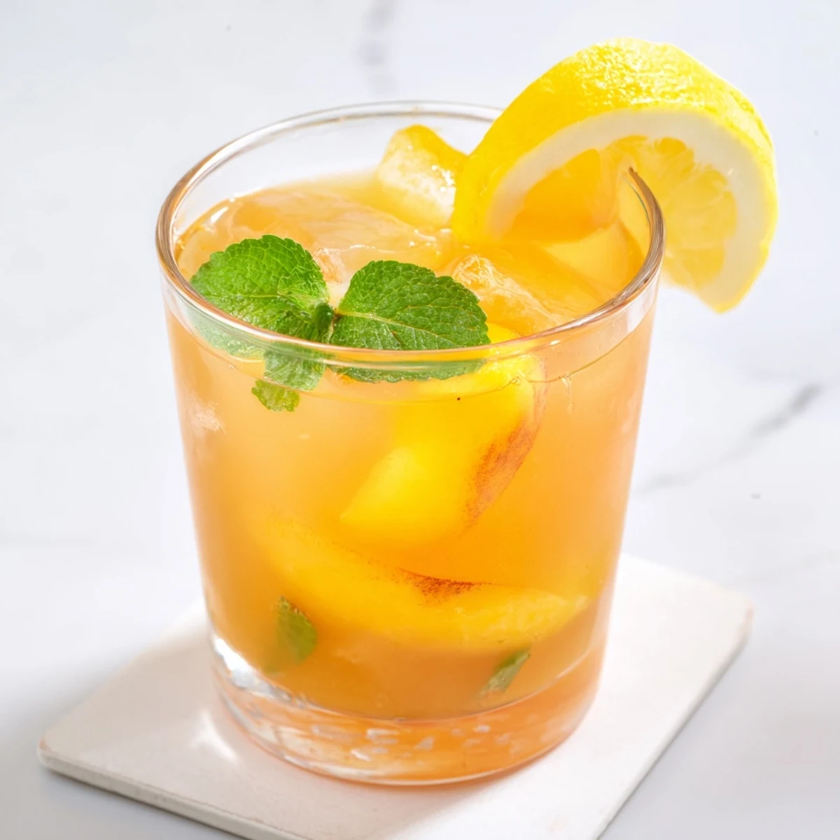 Golden fresh peach lemonade served over ice in a clear glass with floating fruit slices