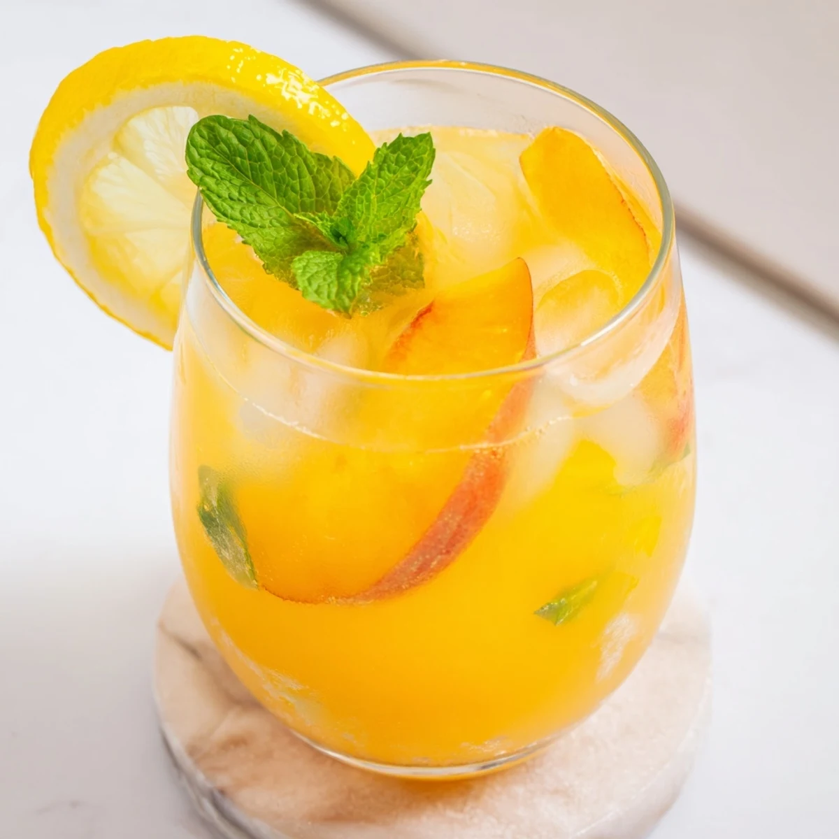 Refreshing glass of homemade fresh peach lemonade with ice, garnished with fresh mint sprigs