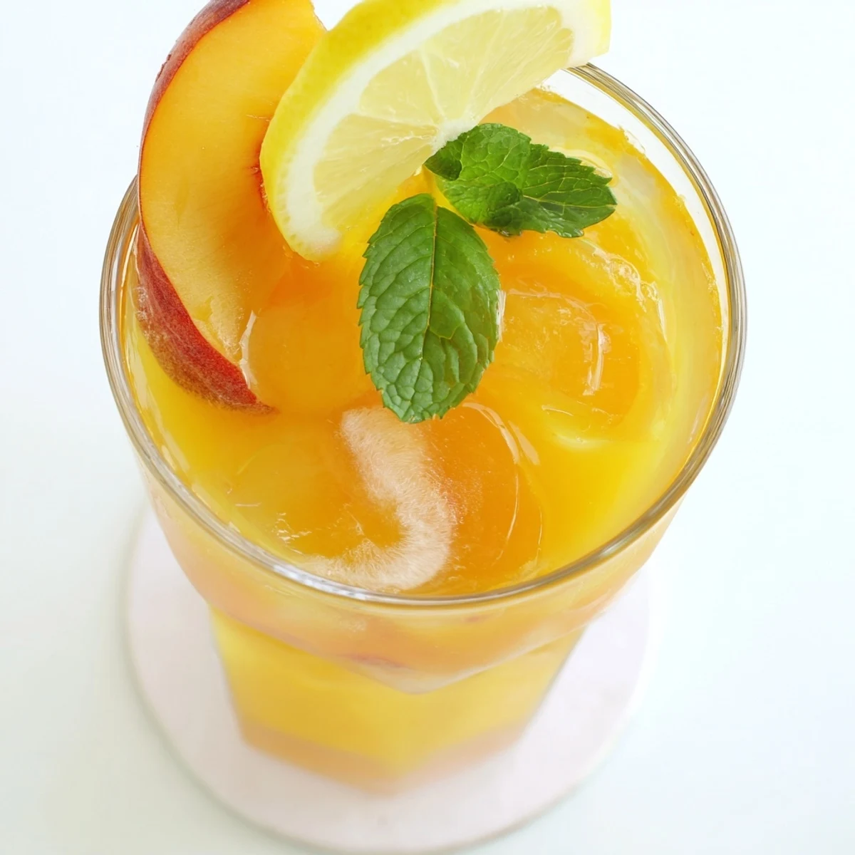Vibrant pitcher of fresh peach lemonade garnished with mint leaves, ripe peach wedges, and lemon wheels