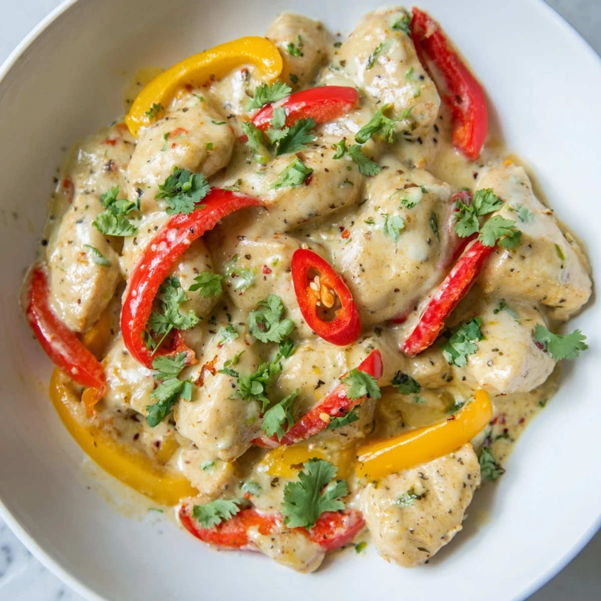 Golden chicken pieces swim in a rich, creamy spicy Brazilian coconut sauce with vibrant red and yellow bell peppers.