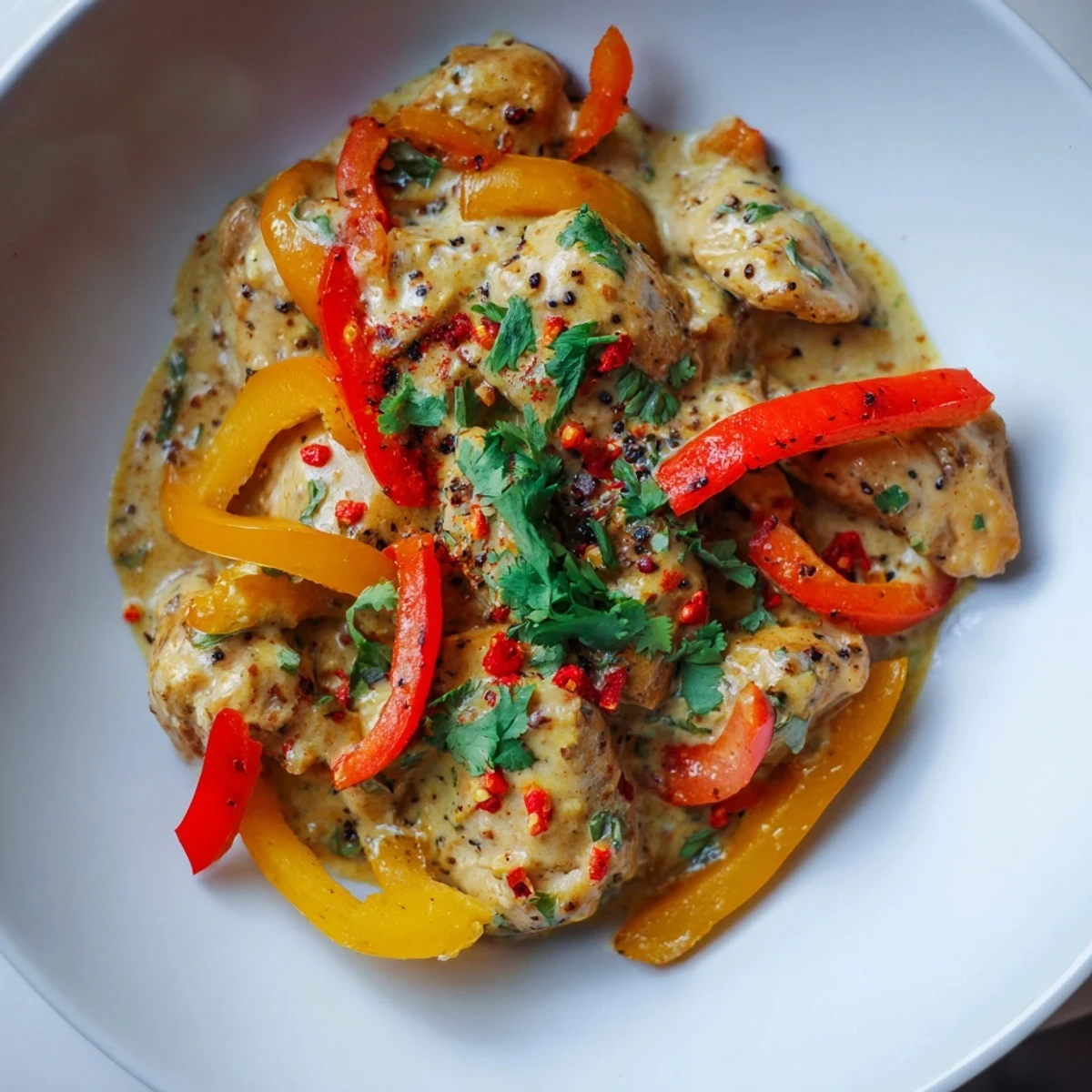 Tender spicy Brazilian coconut chicken simmered in aromatic coconut milk, garnished with fresh cilantro and lime wedges.