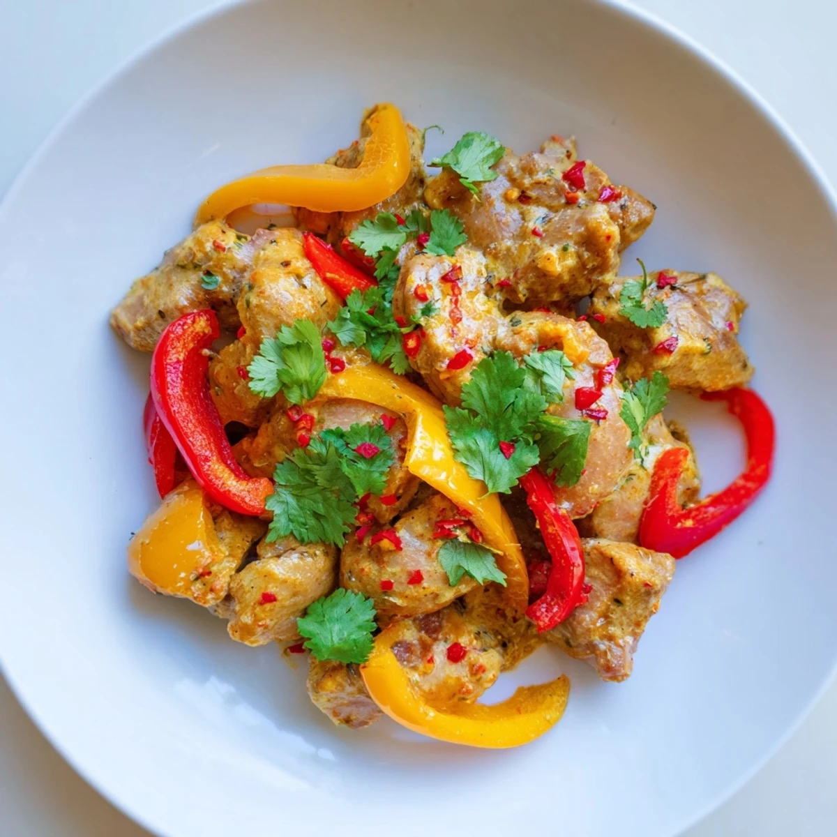 Creamy coconut curry-style Brazilian chicken dish dotted with colorful peppers and served over fluffy white rice.