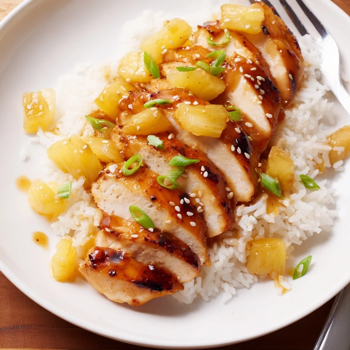 Hawaiian Chicken With Coconut Rice plated with glossy pineapple glaze and green onions.