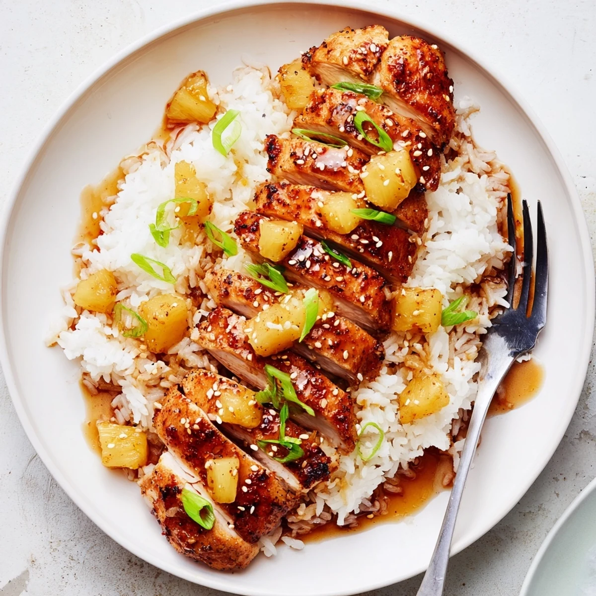 Weeknight Hawaiian Chicken With Coconut Rice drizzled with tangy pineapple sauce, sesame garnish.