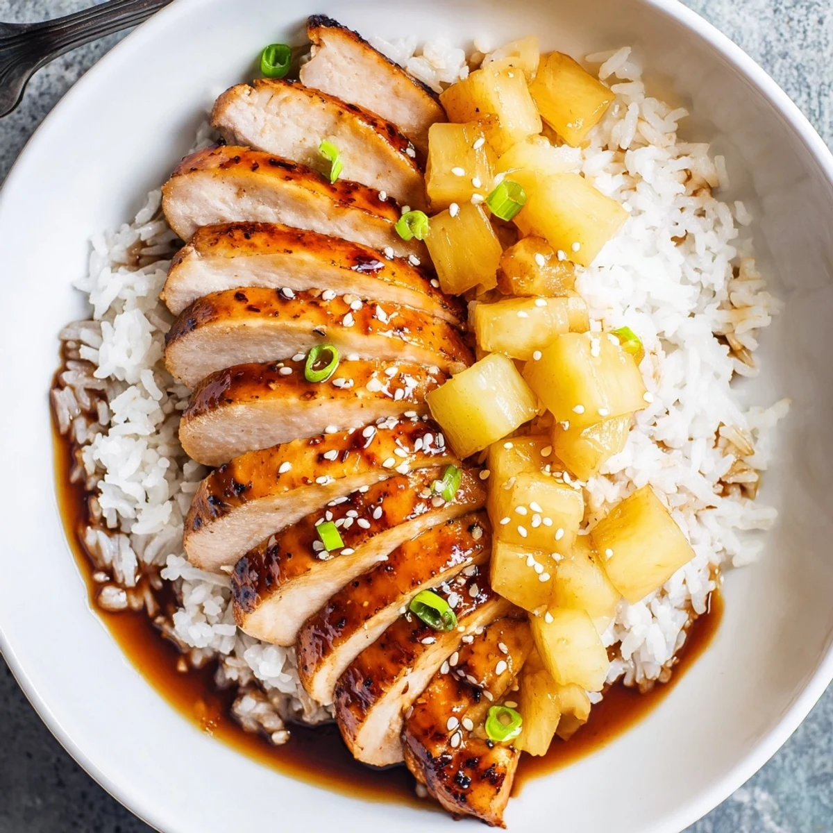 Sliced Hawaiian Chicken With Coconut Rice steaming, fragrant coconut aroma, charred grill marks.