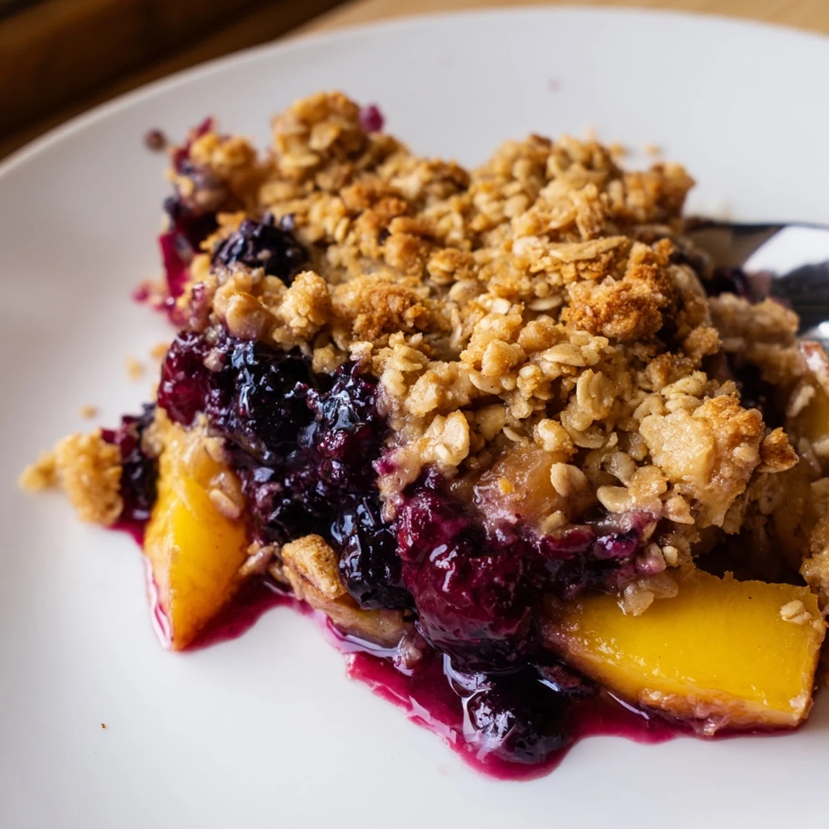 Warm Blueberry Peach Crumble bubbling in a baking dish, golden oat topping.