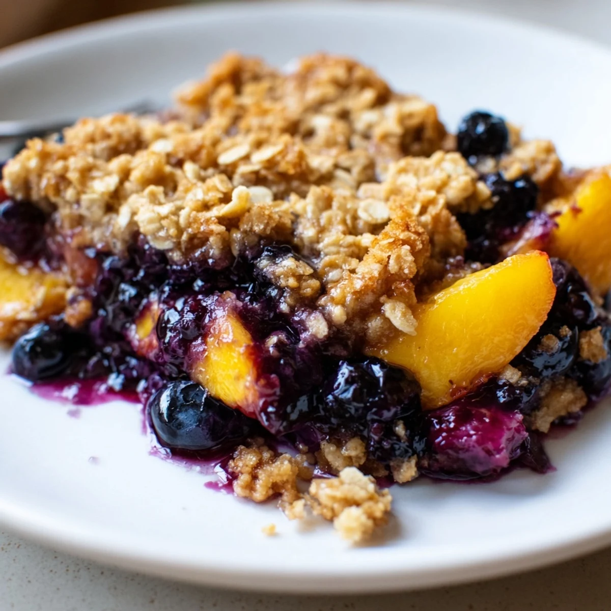 Spoonful of Blueberry Peach Crumble with melting vanilla ice cream, juicy fruit.