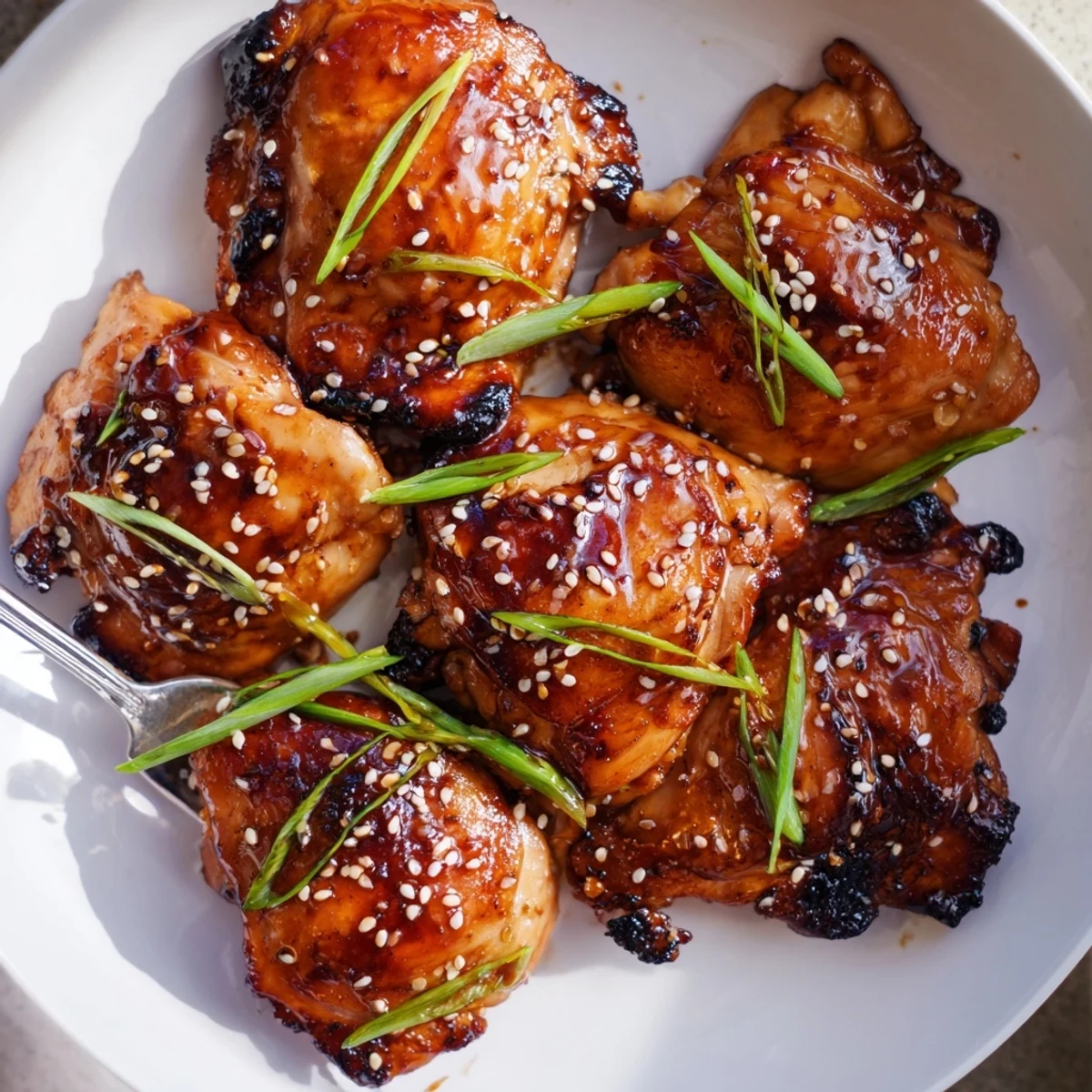 Juicy Korean Chicken Thighs glistening with caramelized glaze, garnished with sesame  