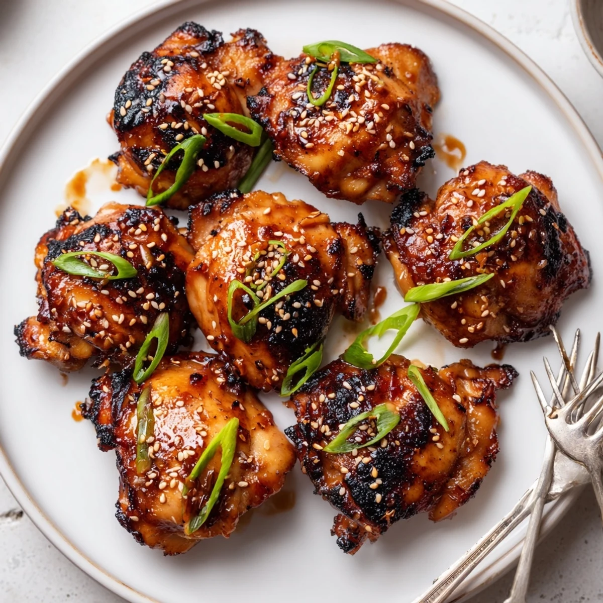 Close-up of Juicy Korean Chicken Thighs on rice, steam rising, green onions  