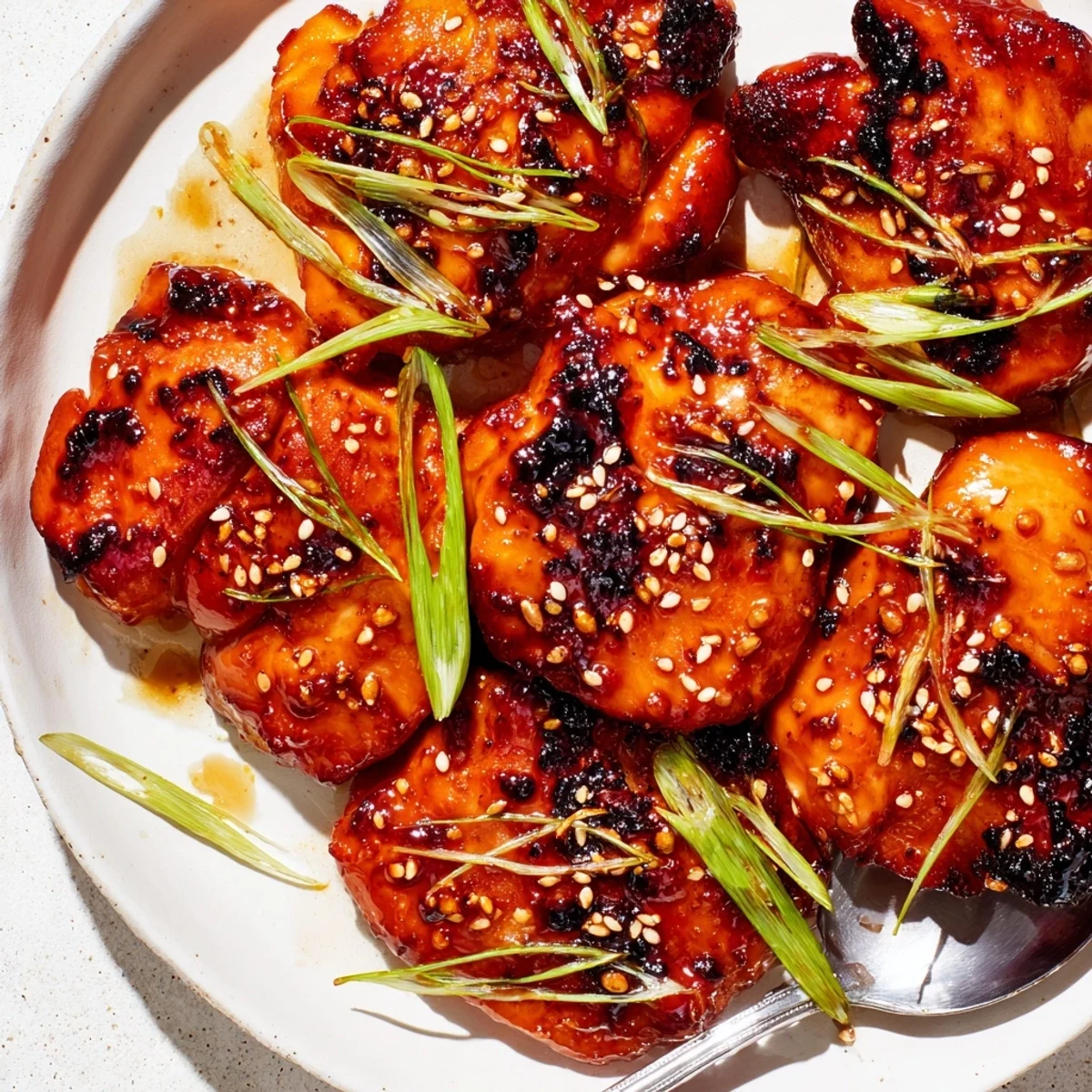 Oven-roasted Juicy Korean Chicken Thighs sliced, sticky soy-honey glaze, ready to serve