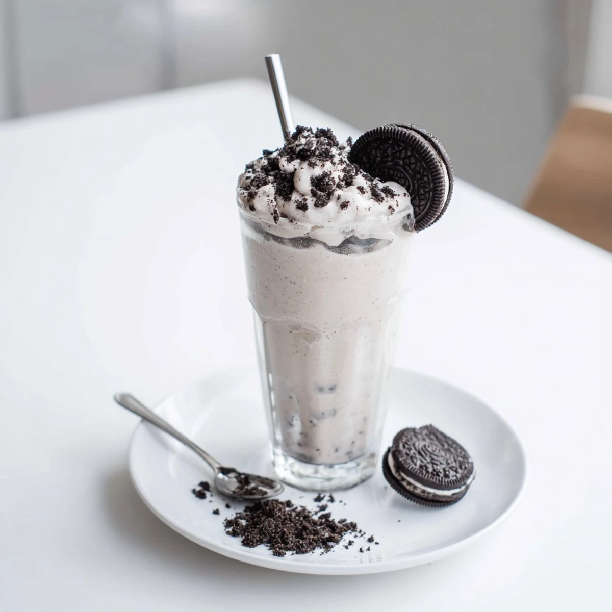 Cookies And Cream Protein Shake in tall glass, creamy, chilled, cookie bits garnish