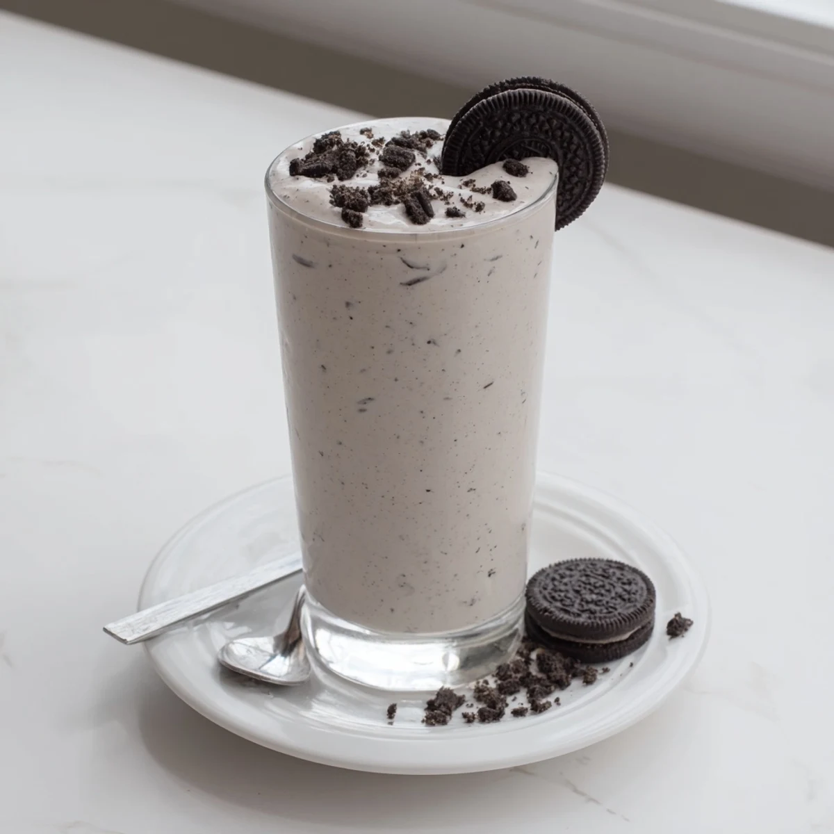 Thick Cookies And Cream Protein Shake with crushed cookies, post-workout snack