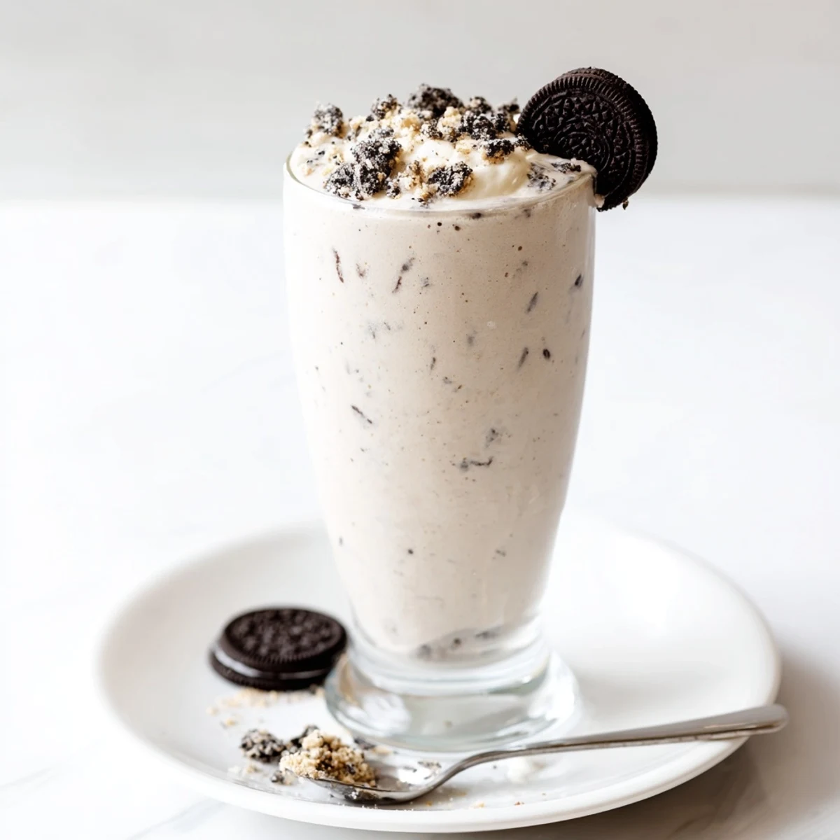Velvety Cookies And Cream Protein Shake, cold and sweet, topped with whipped cream