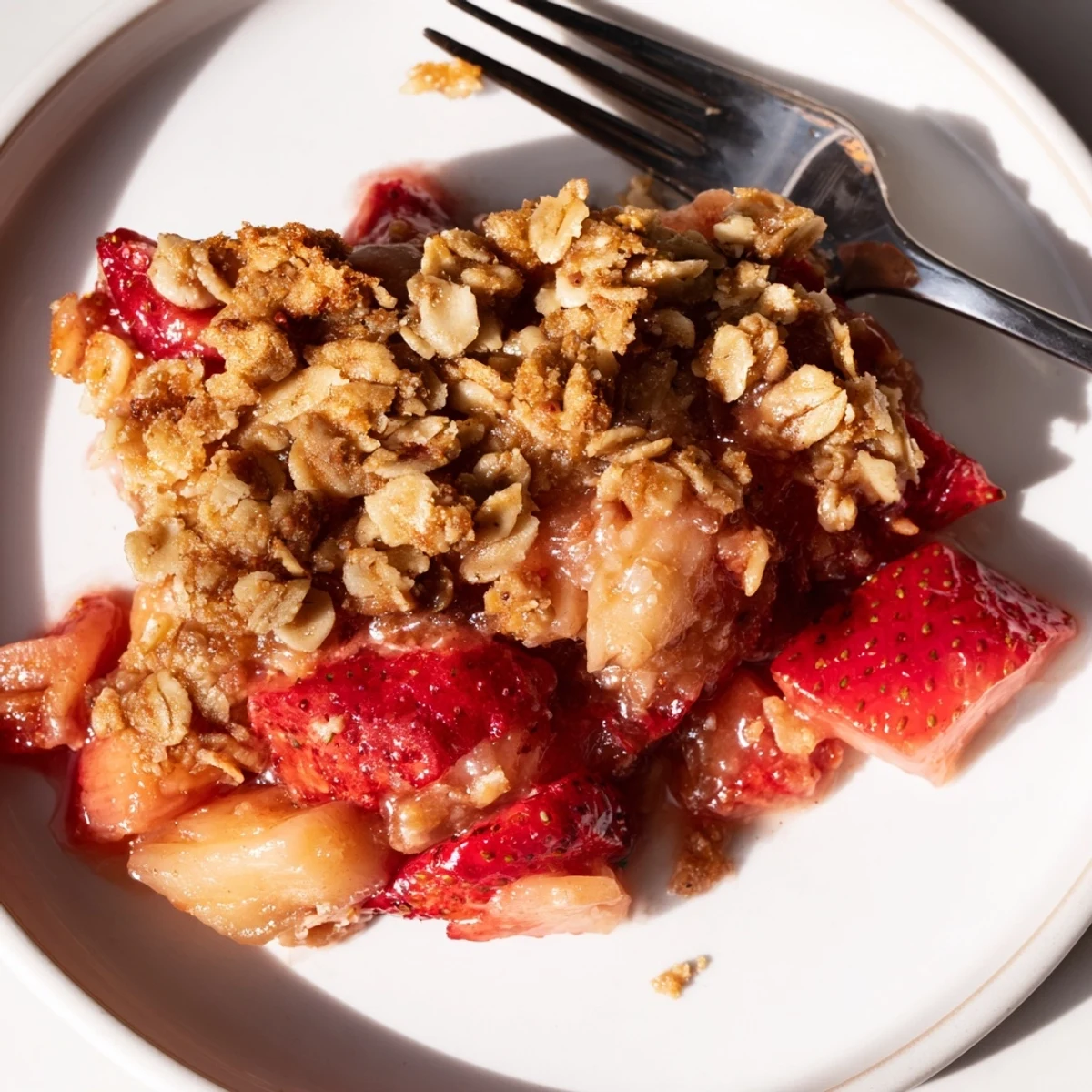 Strawberry Rhubarb Crisp Recipe showing bubbling fruit beneath golden oat topping
