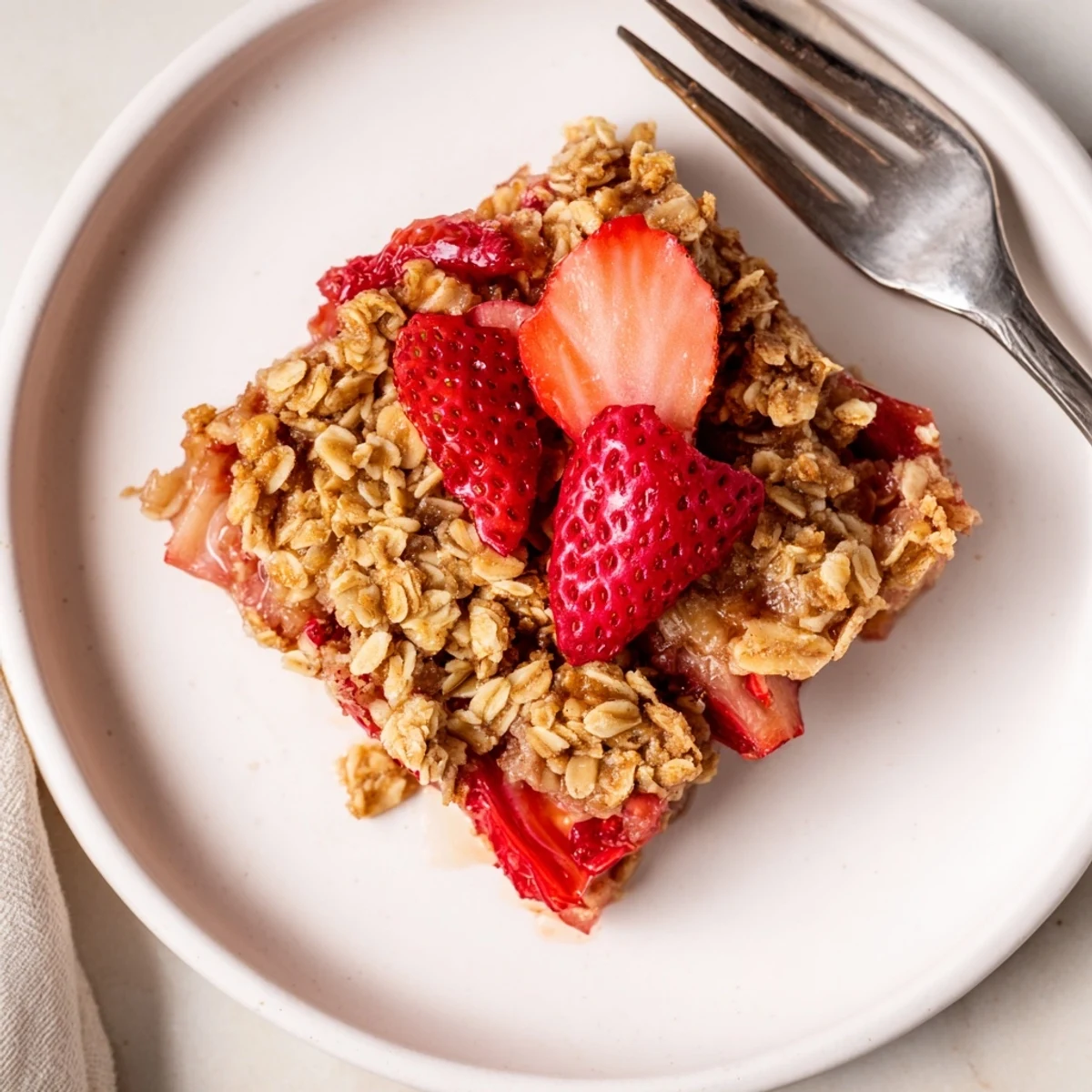 Warm Strawberry Rhubarb Crisp Recipe topped with melting vanilla ice cream