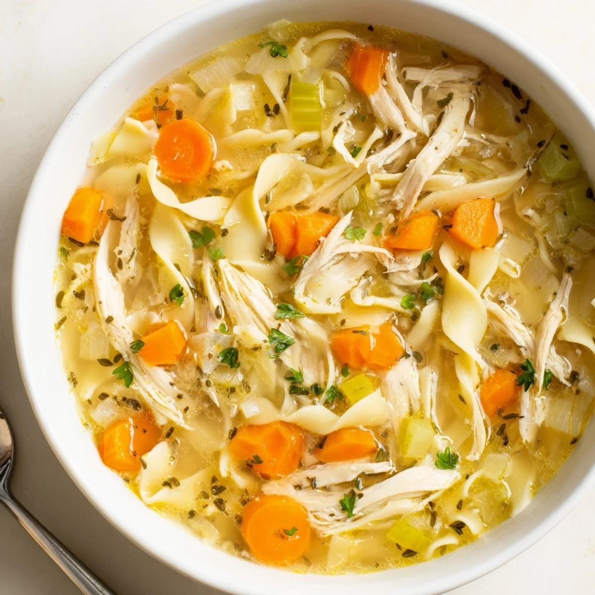 Steaming bowl of Chicken Noodle Soup with tender shredded chicken and carrots.