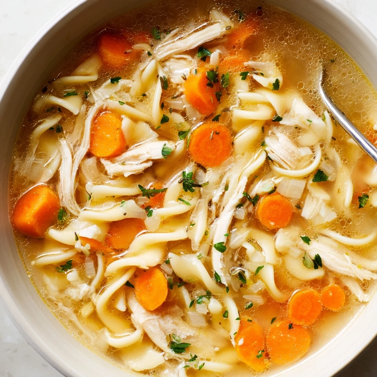 Ladle pouring Chicken Noodle Soup, golden broth steaming, fragrant thyme.